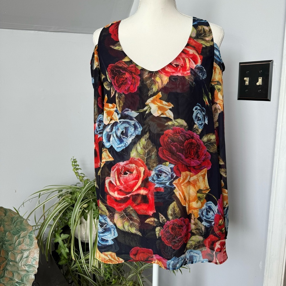 Show Me Your Mumu Sheer‎ Cold Shoulder Floral Rose Tunic Blouse Bell Sleeves Sm